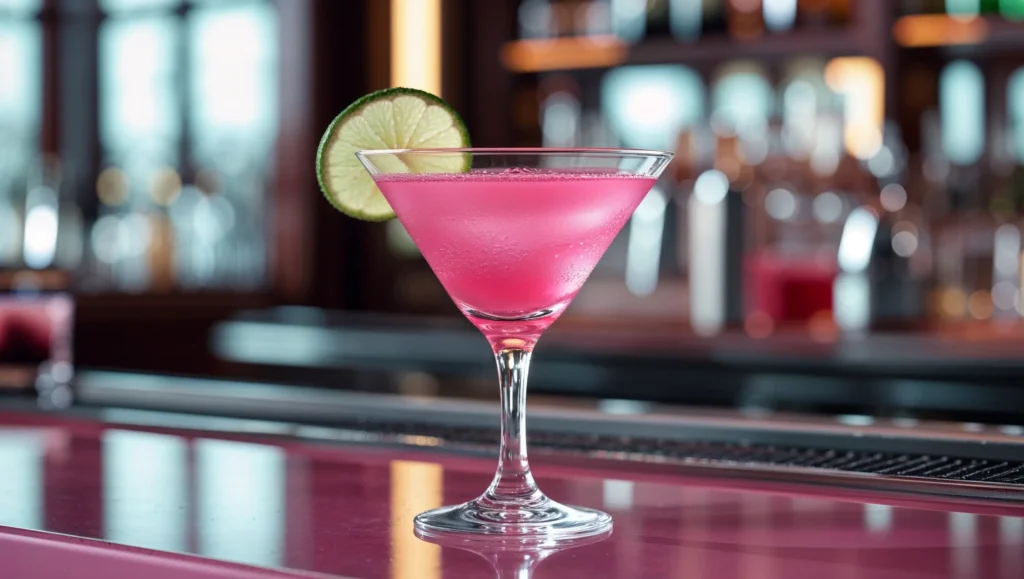 Ein klassischer Cosmopolitan Rezept Cocktail in einem Martini-Glas mit Limettenscheibe, fruchtig, erfrischend und perfekt für jede Party.
