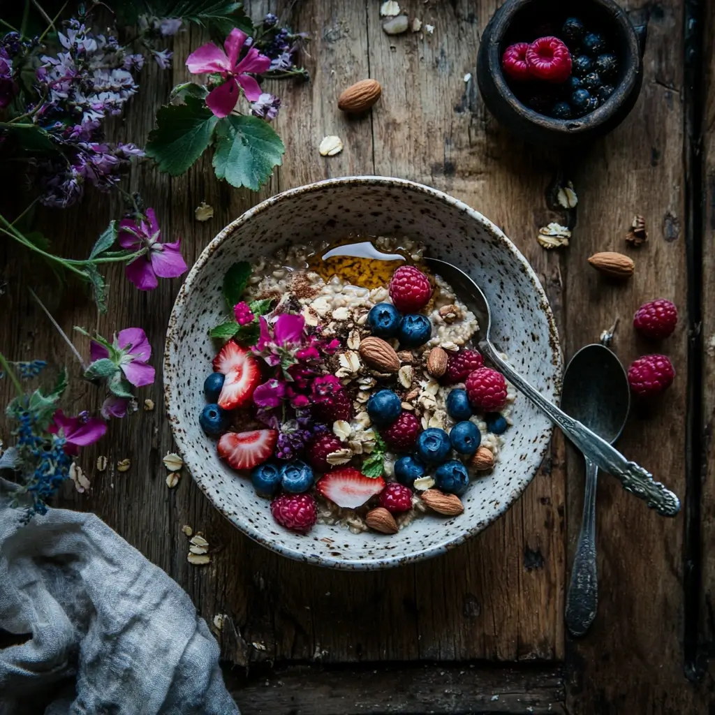 Ein gesundes Frühstück mit Haferkleie Rezepte, serviert mit frischen Beeren und Nüssen.