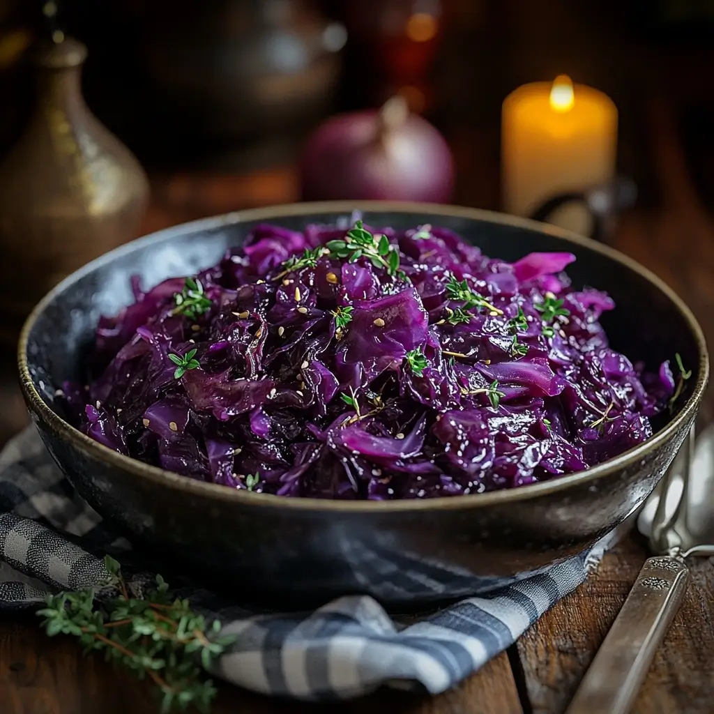 Leckeres Rotkohl Rezept: Zart gegarter Rotkohl, verfeinert mit Apfel und Kräutern, serviert in einer einladenden, rustikalen deutschen Küche.