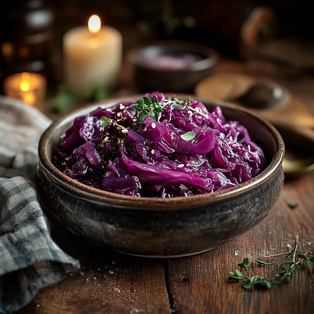 Traditionelles Rotkohl Rezept, serviert in einer rustikalen deutschen Küche mit frischen Apfelscheiben und Kräutern als Garnitur