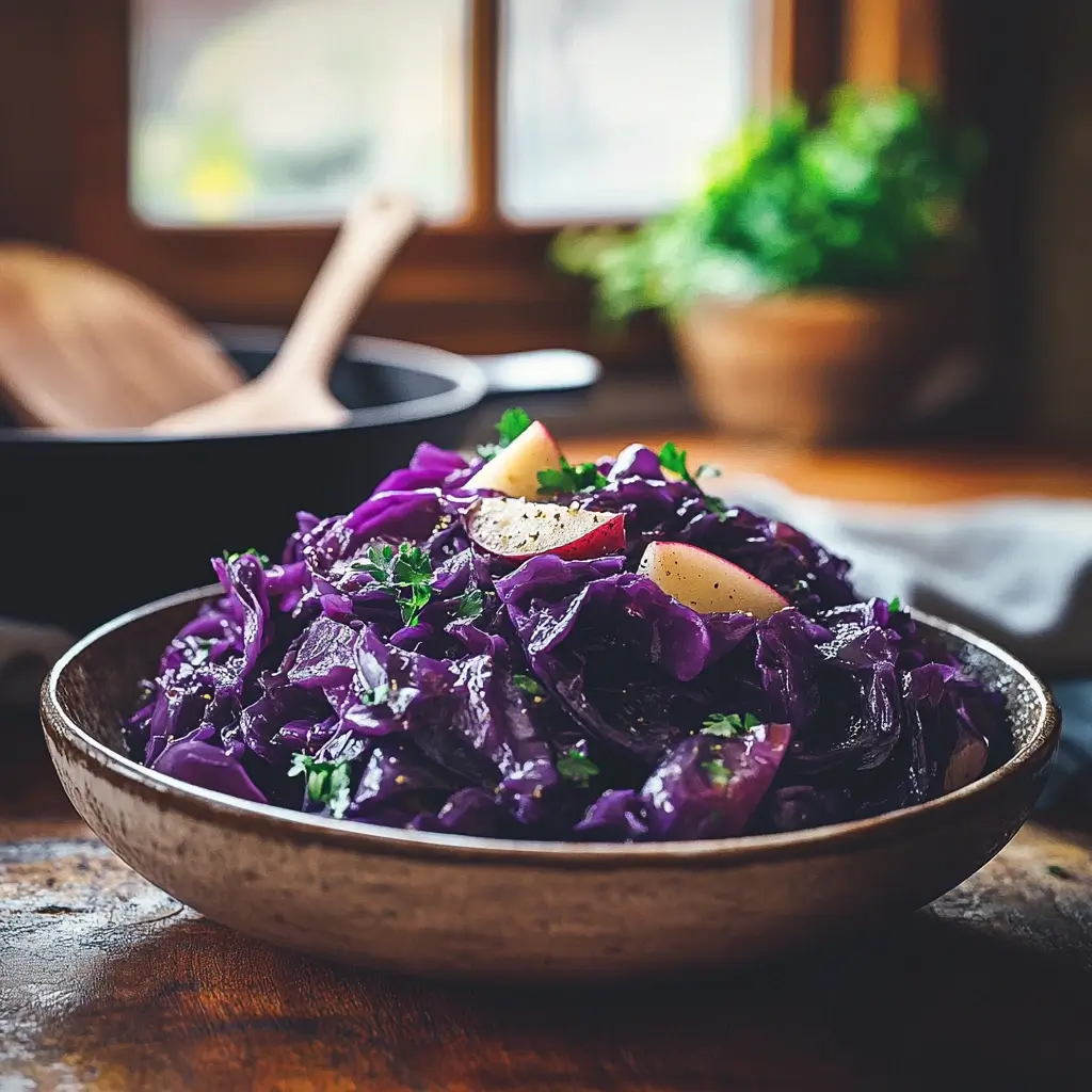 Traditionelles Rotkohl Rezept mit perfekt gegartem Rotkohl, Apfelscheiben und Kräutern, serviert in einer rustikalen deutschen Küche.
