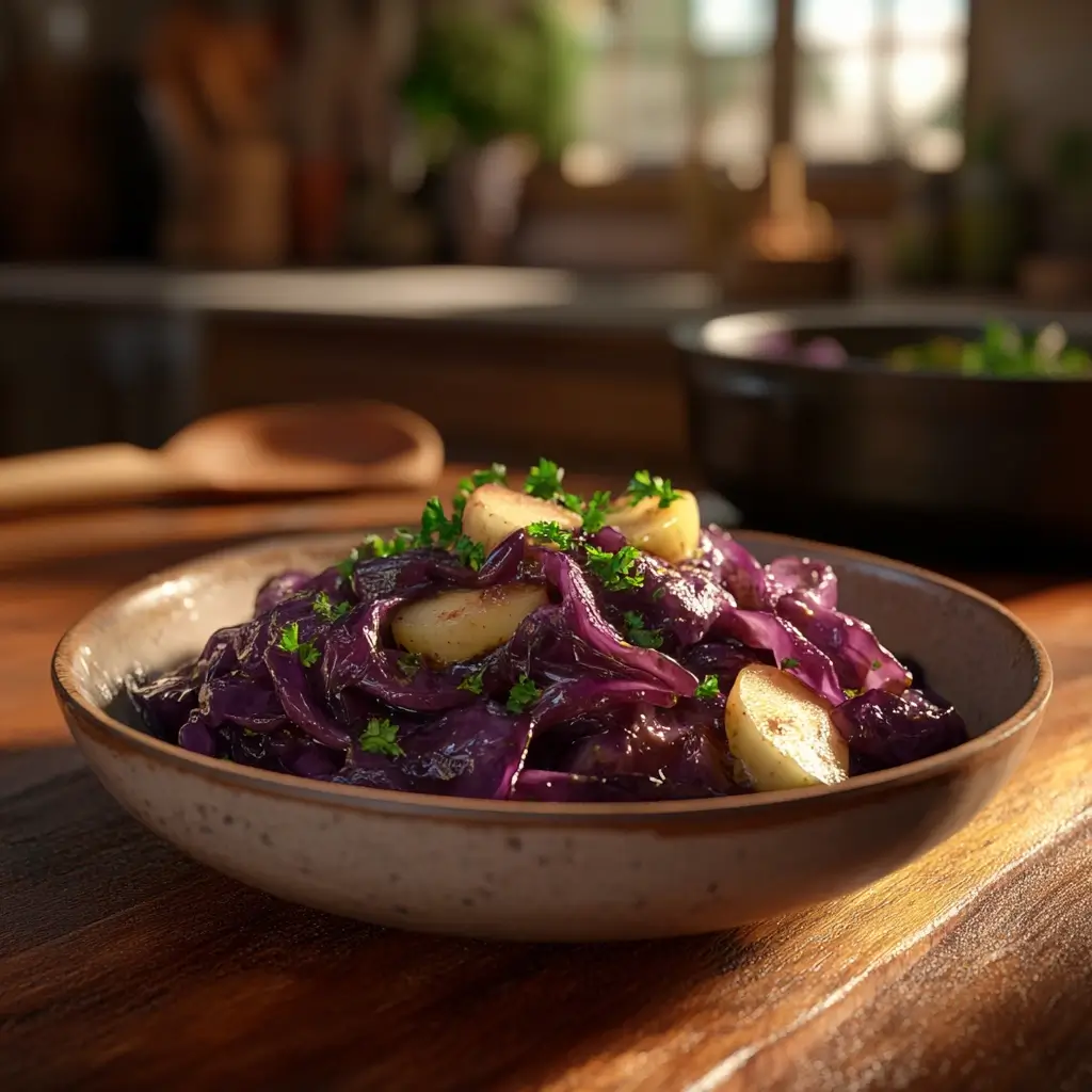 Leckeres Rotkohl Rezept mit perfekt gegartem Rotkohl, garniert mit frischer Petersilie und Apfelscheiben, in einer gemütlichen rustikalen Küche serviert