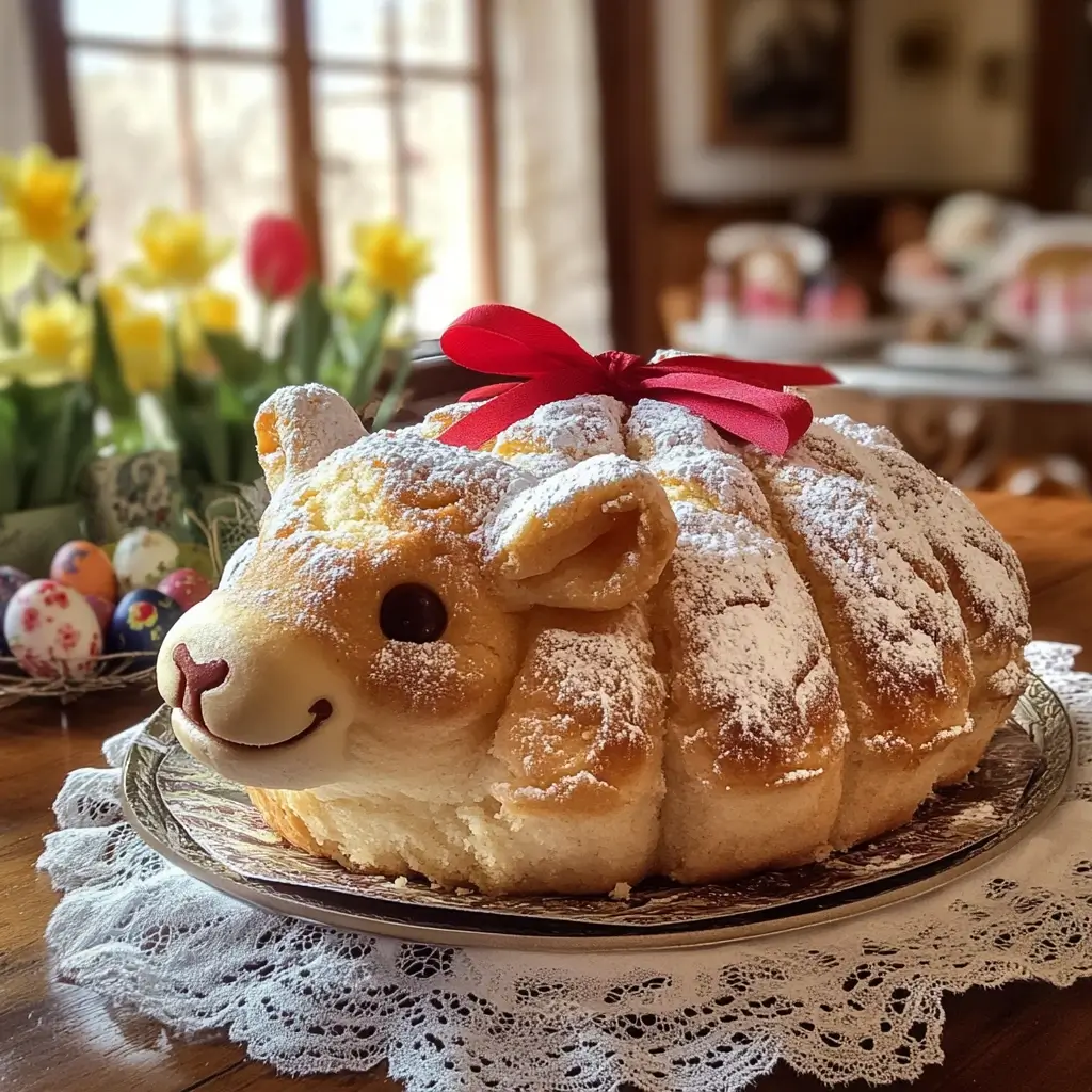Traditionelles Osterlamm Rezept – goldbrauner Kuchen in Lammform mit Puderzucker bestäubt, dekoriert mit Ostereiern und Frühlingsblumen.