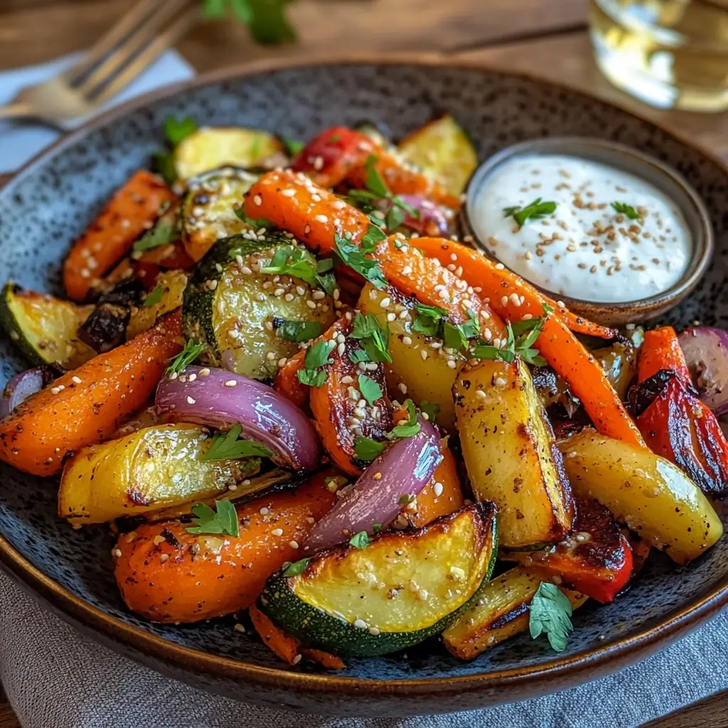 Leckeres Ofengemüse Rezept: Frisch geröstetes Ofengemüse mit Karotten, Zucchini und Paprika auf einem rustikalen Teller, bereit zum Genießen.