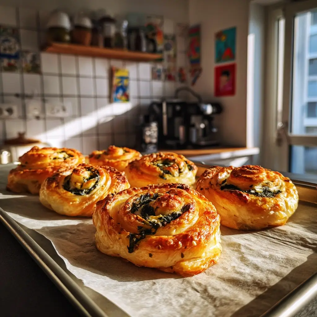 Blätterteig Rezepte mit Spinat und Feta auf einem Holzteller in einer gemütlichen Küche