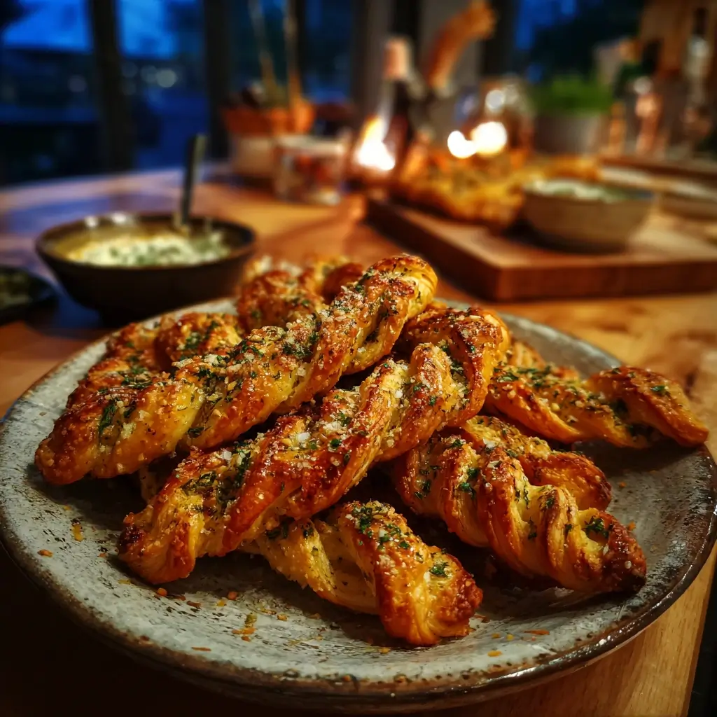 Blätterteig Rezepte mit Tomaten, Ziegenkäse und Kräutern auf einem weißen Blech