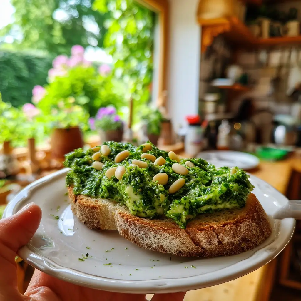 Leckeres Bärlauchpesto auf Holzbrett – Bärlauchpesto Rezept
