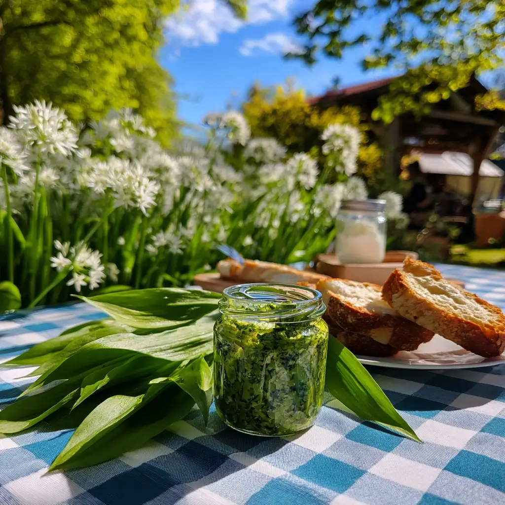 Bärlauchpesto wird auf geröstetes Baguette gestrichen – Bärlauchpesto Rezept