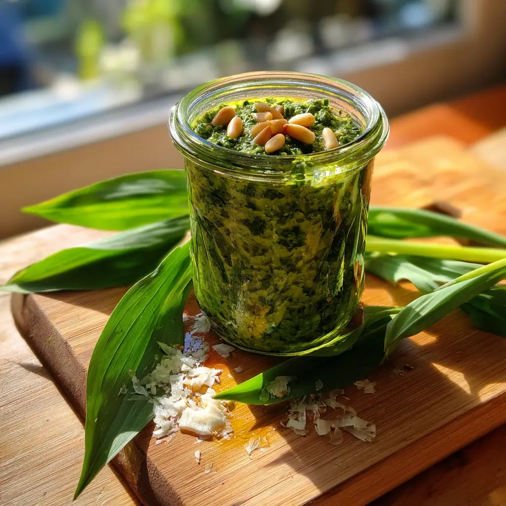 Holzlöffel mit Bärlauchpesto auf rustikalem Tisch – Bärlauchpesto Rezept
