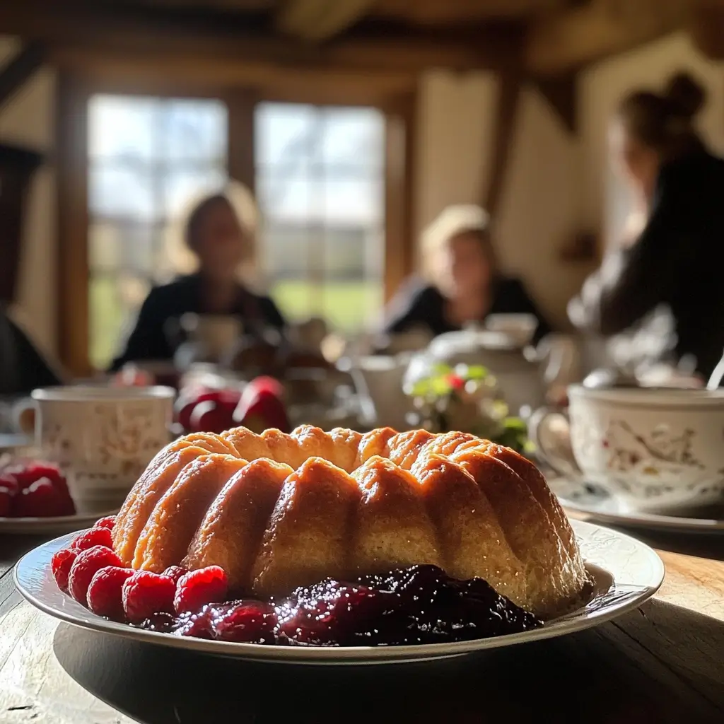 Gugelhupf Rezept serviert beim Frühstück – umgeben von Kaffee, Marmelade und Obst.