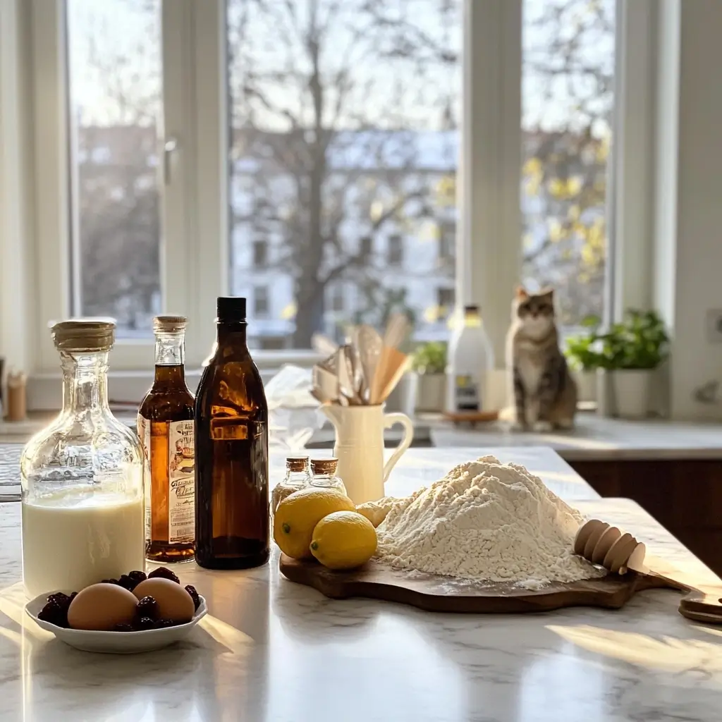 Zutaten für Gugelhupf Rezept – Butter, Zucker, Mehl, Eier und Rosinen auf Marmortheke.