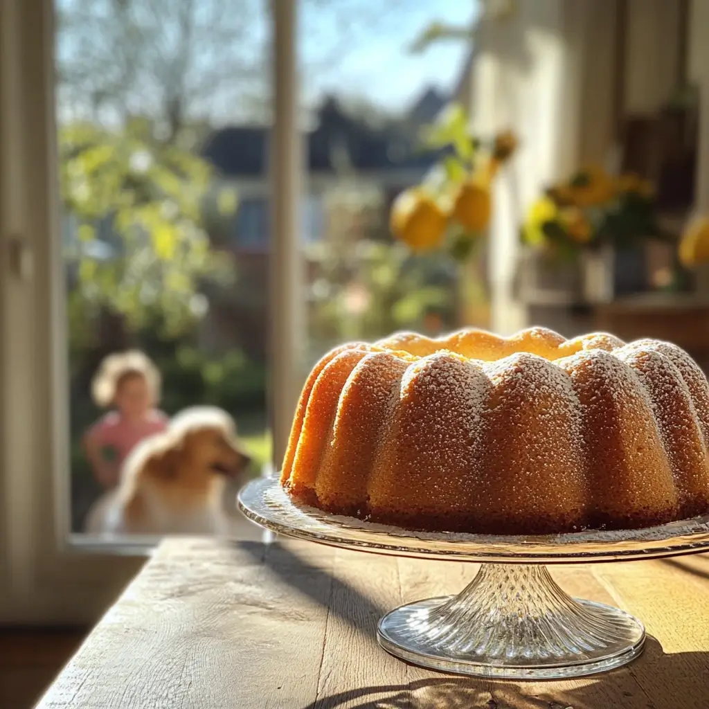 Gestürzter Gugelhupf auf Glasplatte mit Puderzucker – Gugelhupf Rezept klassisch umgesetzt
