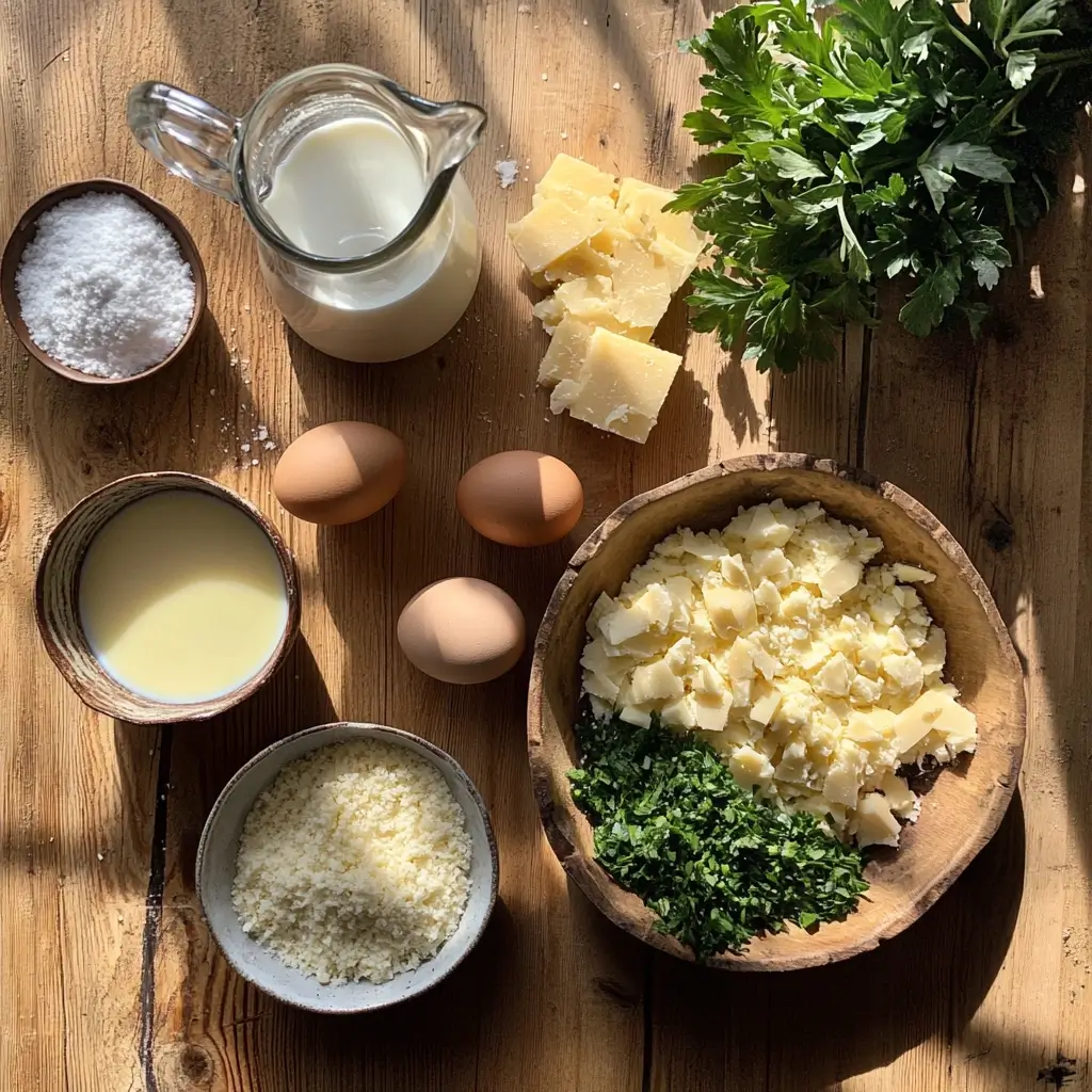 Zutaten für ein klassisches Kaspressknödel Rezept auf einem Holztisch angerichtet