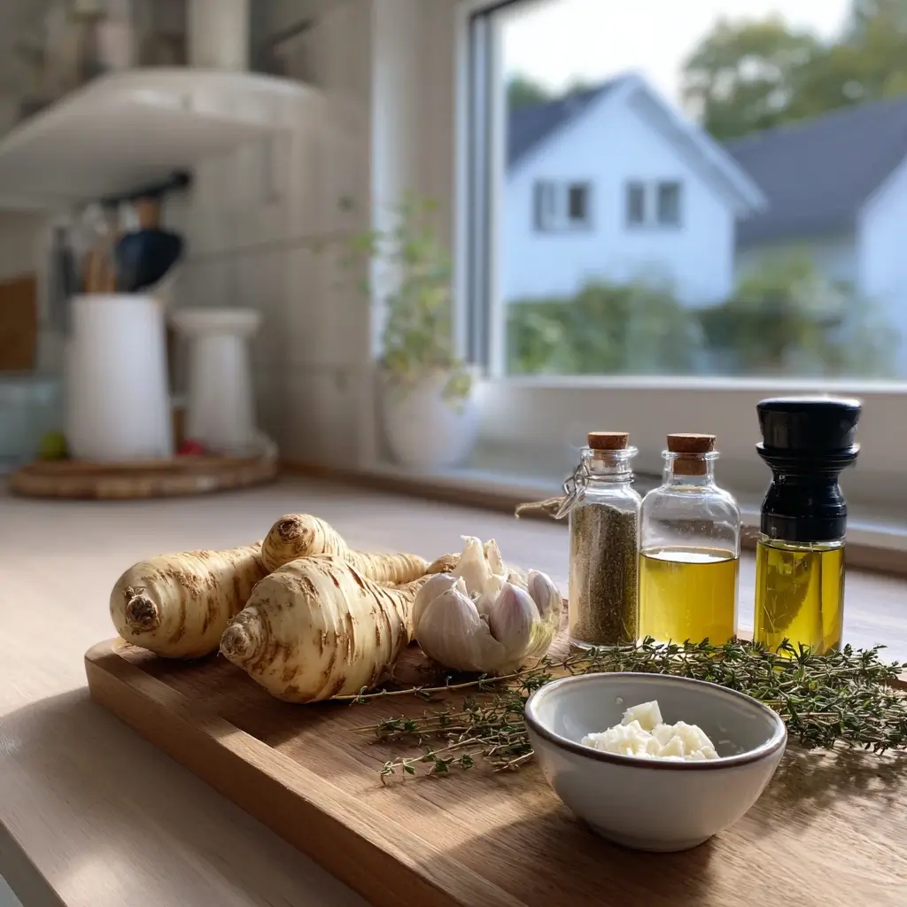 Frische Zutaten für ein pastinaken Rezept, inklusive Pastinaken, Knoblauch, Thymian und Olivenöl, auf einem Holzbrett arrangiert.