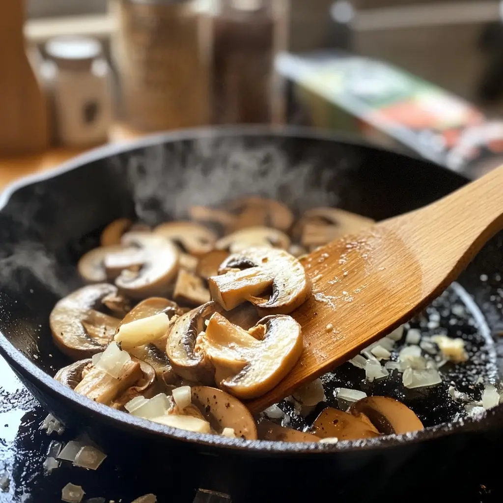 In Butter angebratene Champignons mit Zwiebeln in einer Pfanne – typischer Schritt bei Rezepte mit Champignons