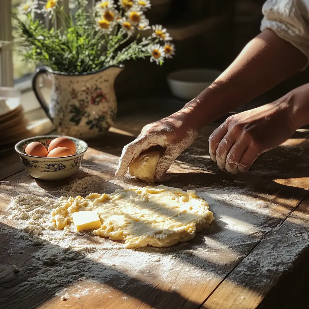 Selbstgemachter Mürbeteig für ein quiche rezept auf einer bemehlten Arbeitsfläche