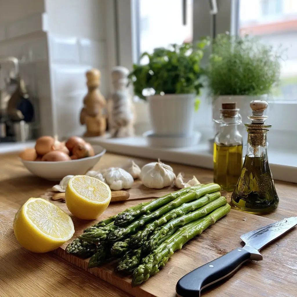 Rezepte mit grünem Spargel: geschnittener grüner Spargel auf einem Holzbrett mit Zitrone, Öl und Küchenmesser