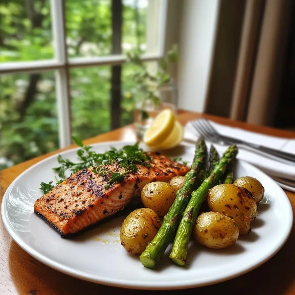 Fertiges Rezept für grünen Spargel serviert mit Lachs und Kartoffeln als saisonales Frühlingsgericht.