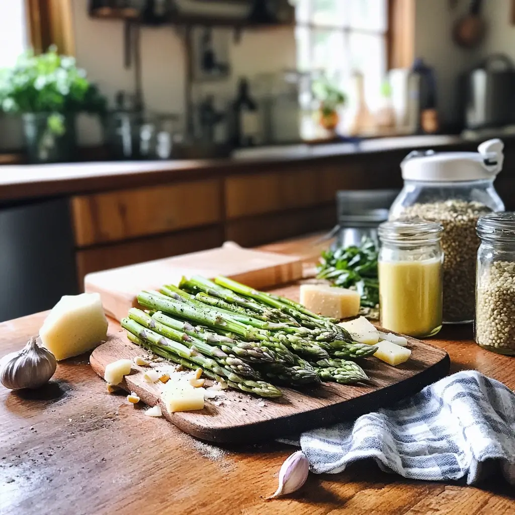 Zutaten für Rezept Grüner Spargel auf einem Holzbrett