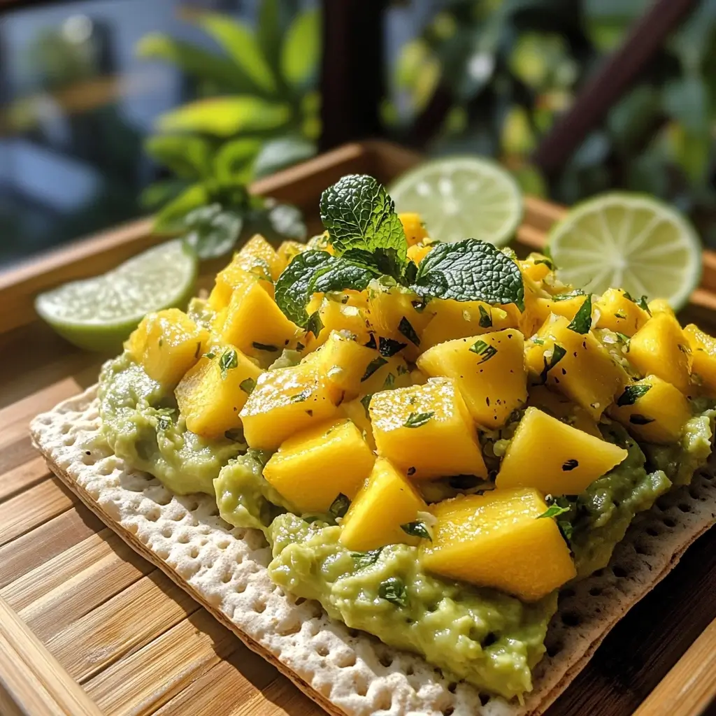 Exotische Avocado Rezepte mit Mango, Minze und Limette auf Reiskräcker