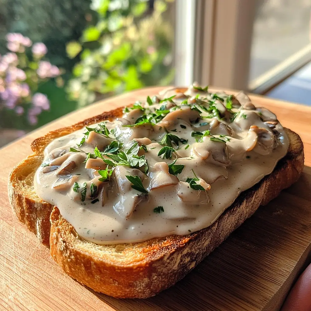 Rustikales Bauernbrot mit cremiger Eierschwammerl Sauce und Petersilie.