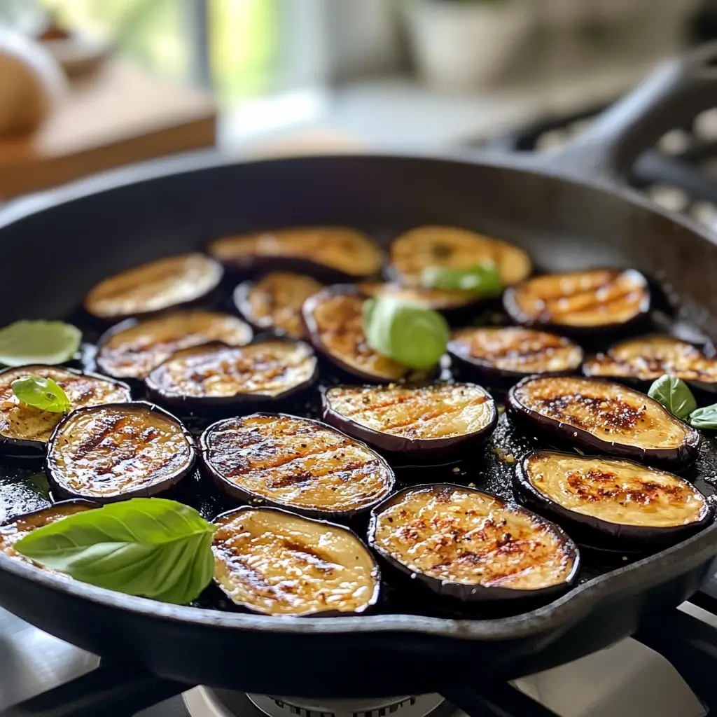 Melanzani Rezepte – Auberginenscheiben werden in einer gusseisernen Pfanne gegrillt