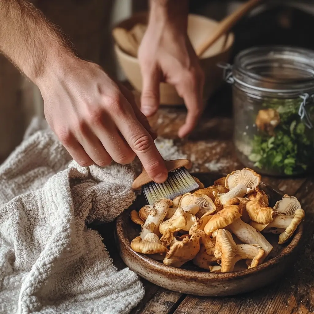 Eierschwammerl werden für das Rezept für Eierschwammerl vorsichtig mit einem Pinsel gereinigt.