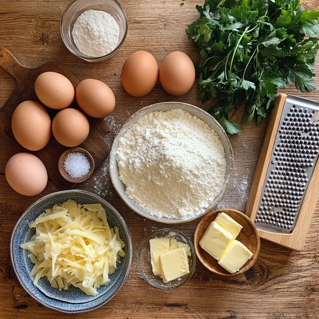 Käsespätzle Rezept Zutaten arrangiert: Mehl, Eier, Käse, Zwiebeln, Butter und Petersilie auf Holztisch