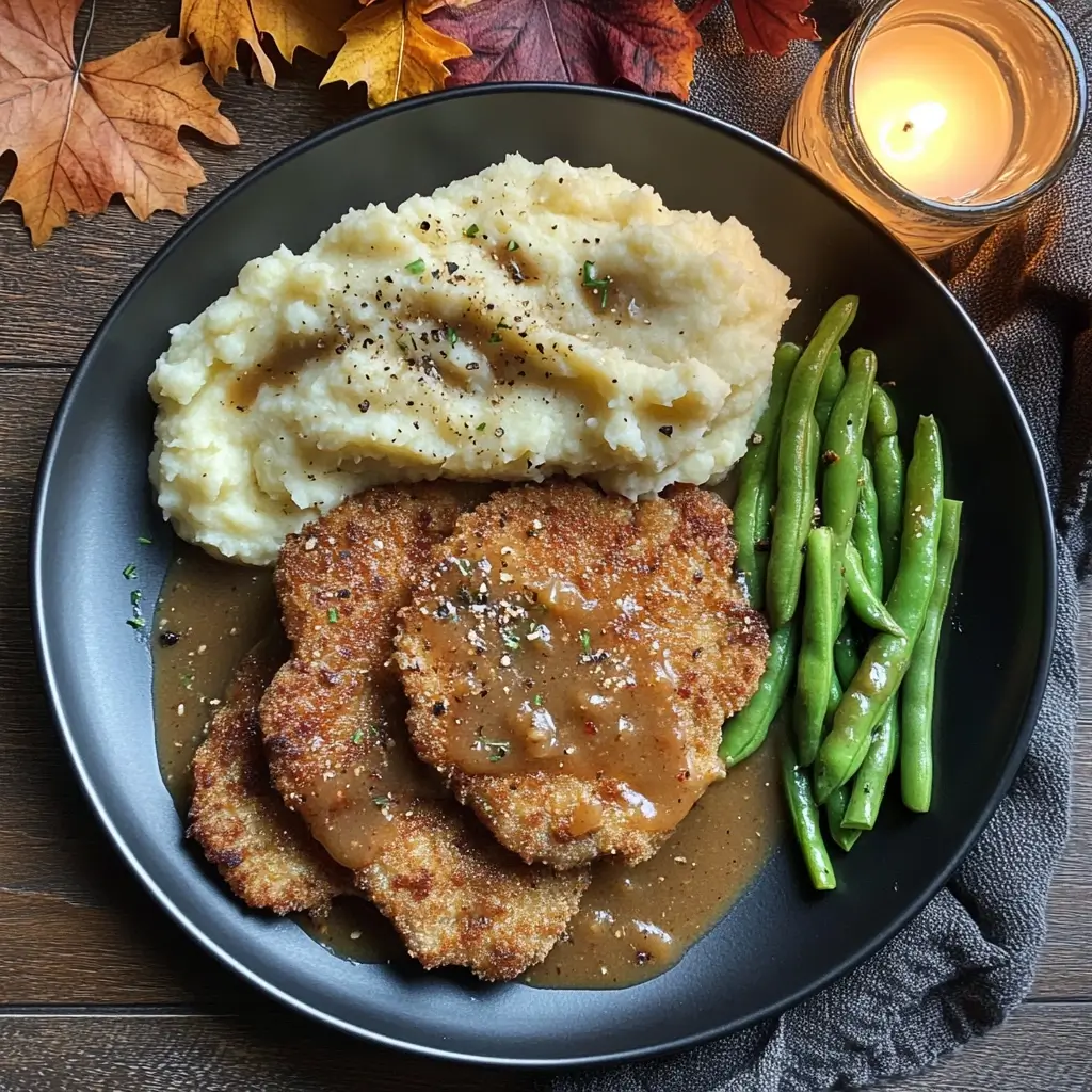 Rindsschnitzel Rezept mit Soße, Kartoffelpüree und grünen Bohnen von oben fotografiert.