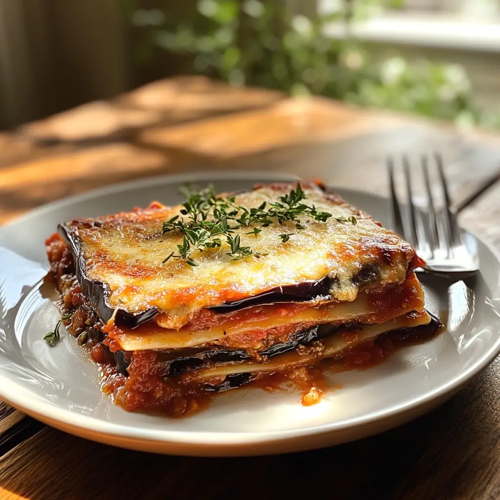 Melanzani Rezepte – Portion Melanzani Lasagne mit Tomatensauce und Käse auf weißem Teller