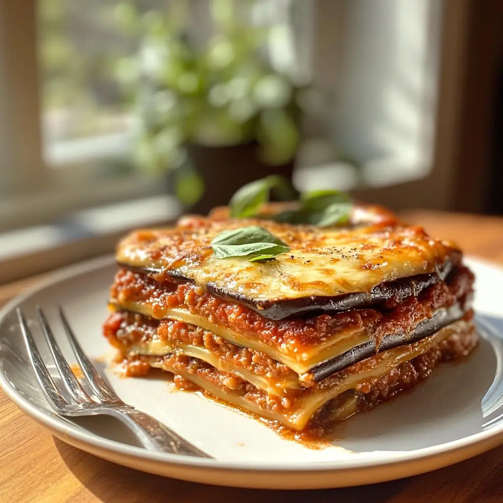 Melanzani Rezepte – leckeres Melanzani überbacken mit Käse und Tomatensauce auf einem weißen Teller