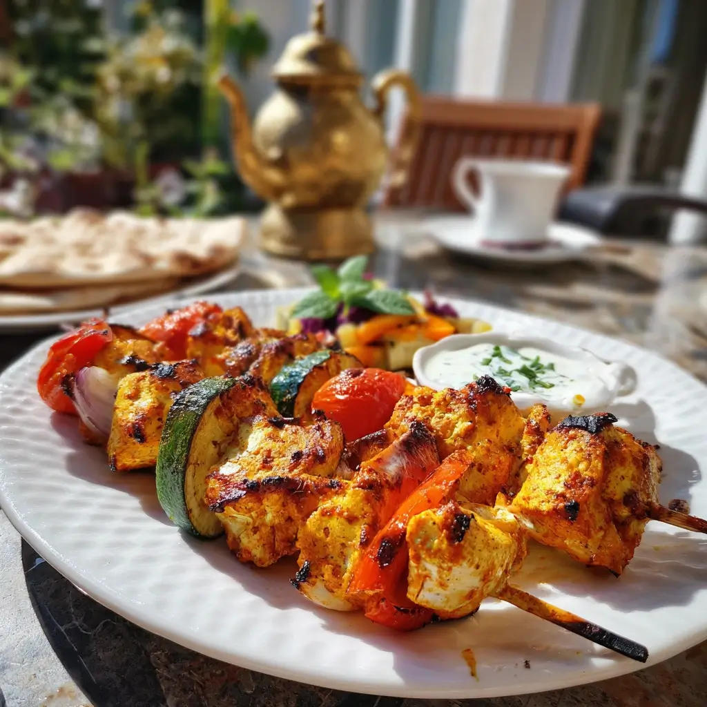 Schaschlik Rezepte – Grillspieße im Garten serviert bei sonnigem Wetter
