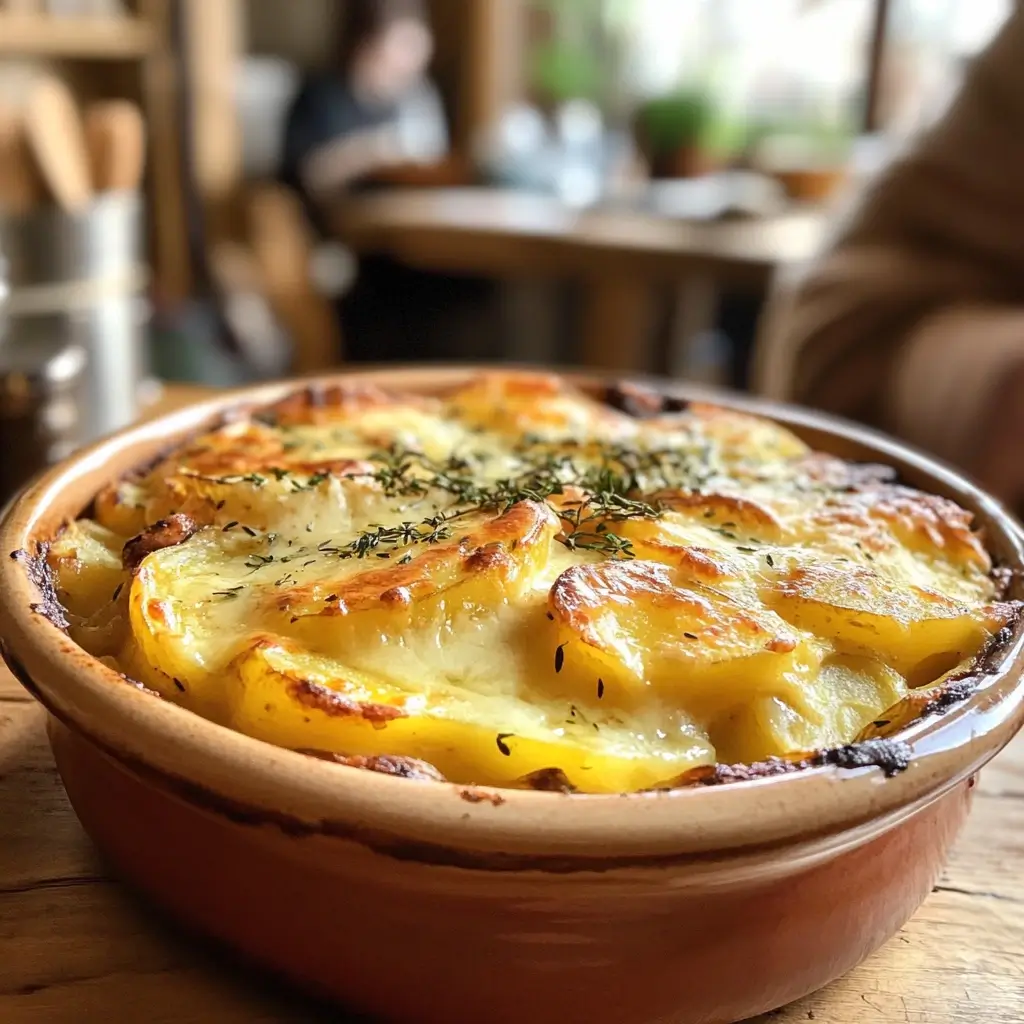 Nahaufnahme von einem leckeren Kartoffelgratin mit goldbrauner Kruste – klassisches Rezept mit Kartoffeln