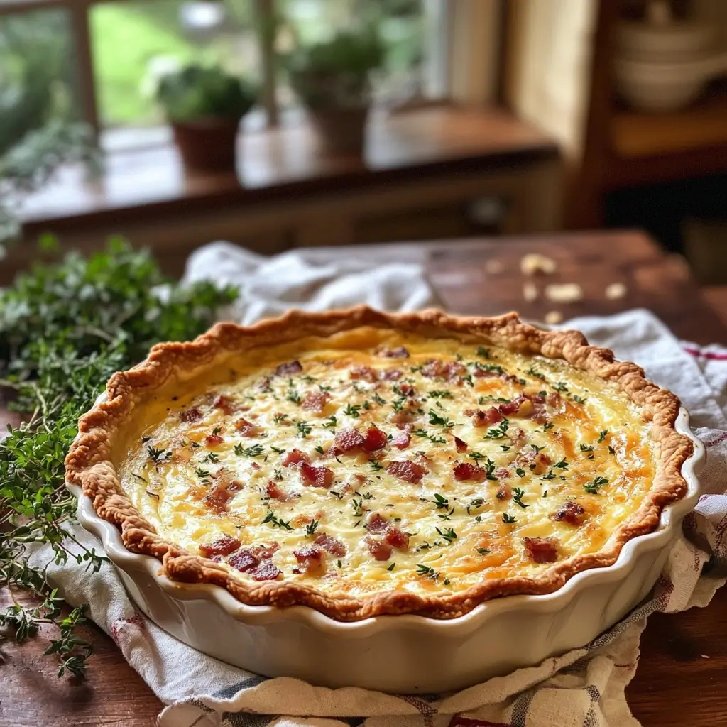 Frisch gebackene Quiche Lorraine auf einem Holztisch – quiche rezept aus dem Ofen
