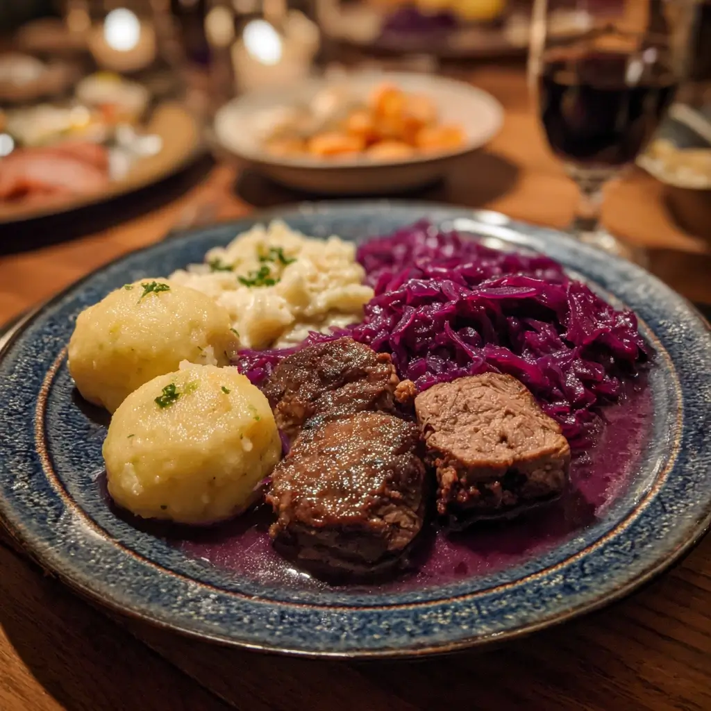 Traditionelles Gericht mit Rotkohl, Rinderroulade und Knödel – perfektes Beispiel für klassische Rotkohl Rezepte