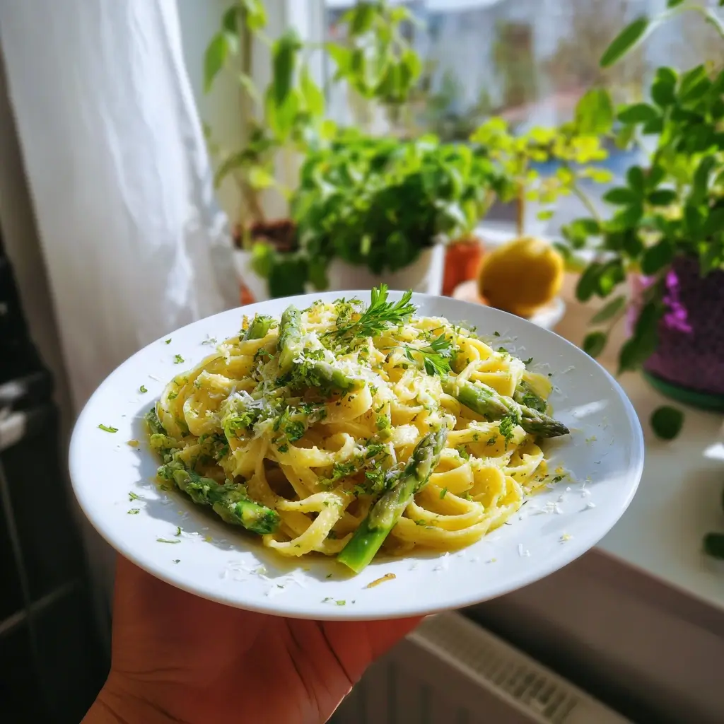 Rezepte mit grünem Spargel: servierte Tagliatelle mit cremiger Spargelsoße, Parmesan und Zitronenzeste