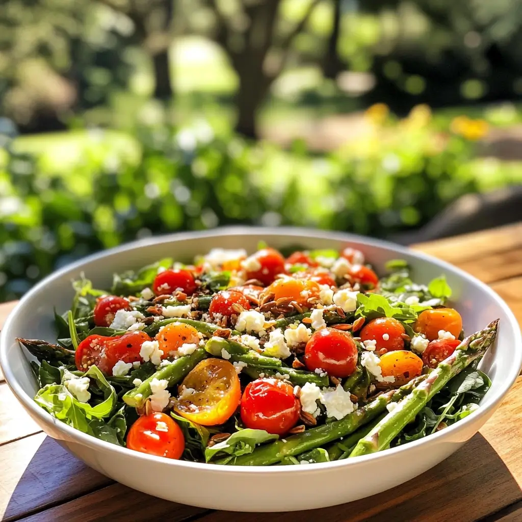 Leichter Salat mit grünem Spargel, Rucola, Cherrytomaten und Feta – frische Variante vom Rezept für grünen Spargel.