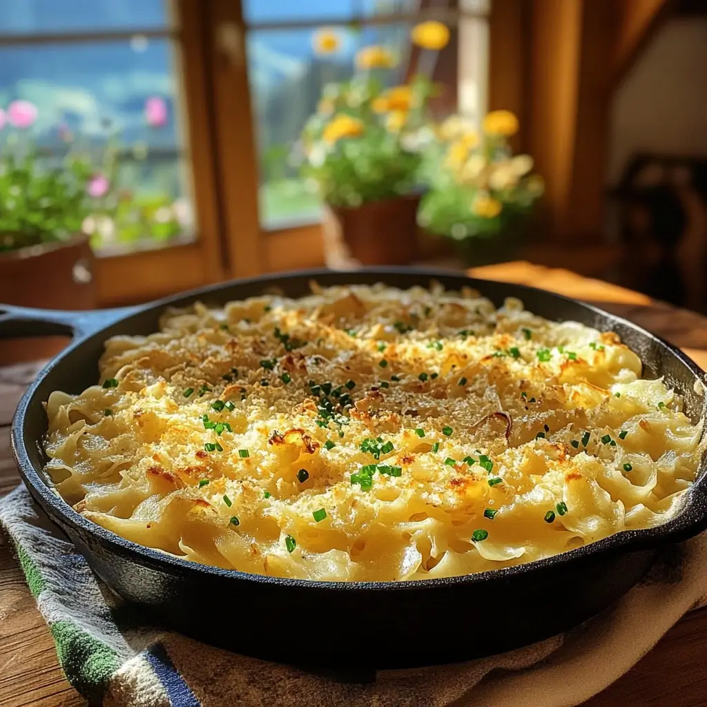 Käsespätzle Rezept in gusseiserner Pfanne mit geschmolzenem Käse und Röstzwiebeln vor bayerischer Alpenkulisse