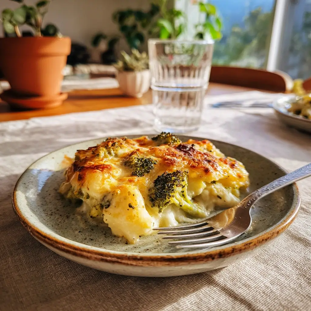 Servierte Portion Brokkoli-Kartoffel-Auflauf auf einem Teller mit Gabel