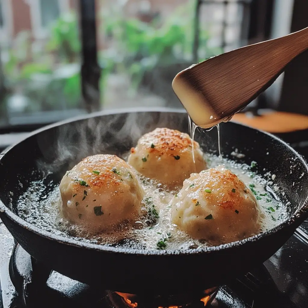 Kaspressknödel werden in einer Pfanne goldbraun gebraten