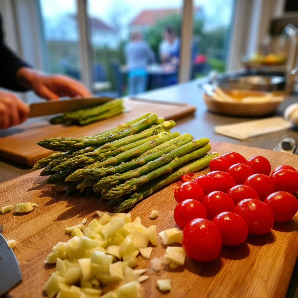 Grüner Spargel Rezepte – Vorbereitungsschritt: grüner Spargel wird geschnitten und Tomaten werden halbiert für das Ofengericht.