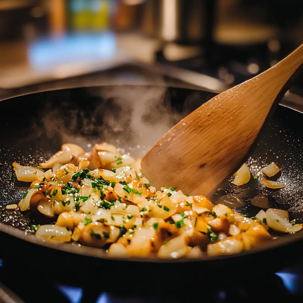 Eierschwammerl werden in einer Pfanne mit Zwiebeln und Butter gebraten für das Rezept für Eierschwammerl.