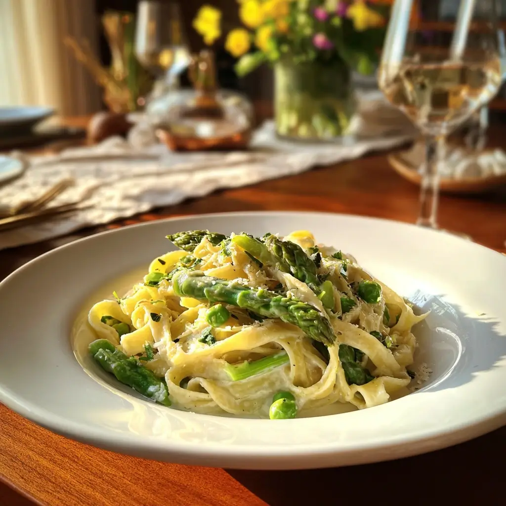 Rezepte mit grünem Spargel: cremige Pasta mit grünem Spargel, Parmesan, Zitronenzeste und frischer Petersilie auf einem weißen Teller