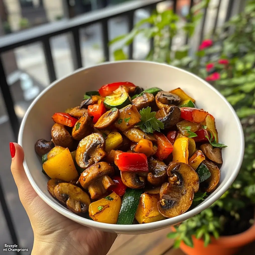 Vegetarisches Wok-Gericht mit Champignons und buntem Gemüse – gesunde Idee für Rezepte mit Champignons