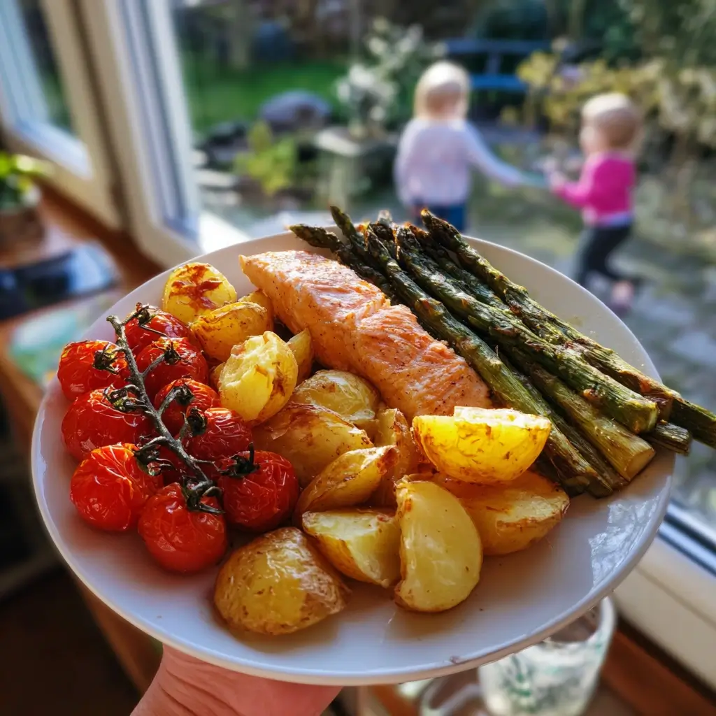 Grüner Spargel Rezepte – Teller mit grünem Spargel, Lachsfilet, Ofenkartoffeln und gerösteten Tomaten, serviert vor einem hellen Küchenfenster mit unscharfem Gartenhintergrund.