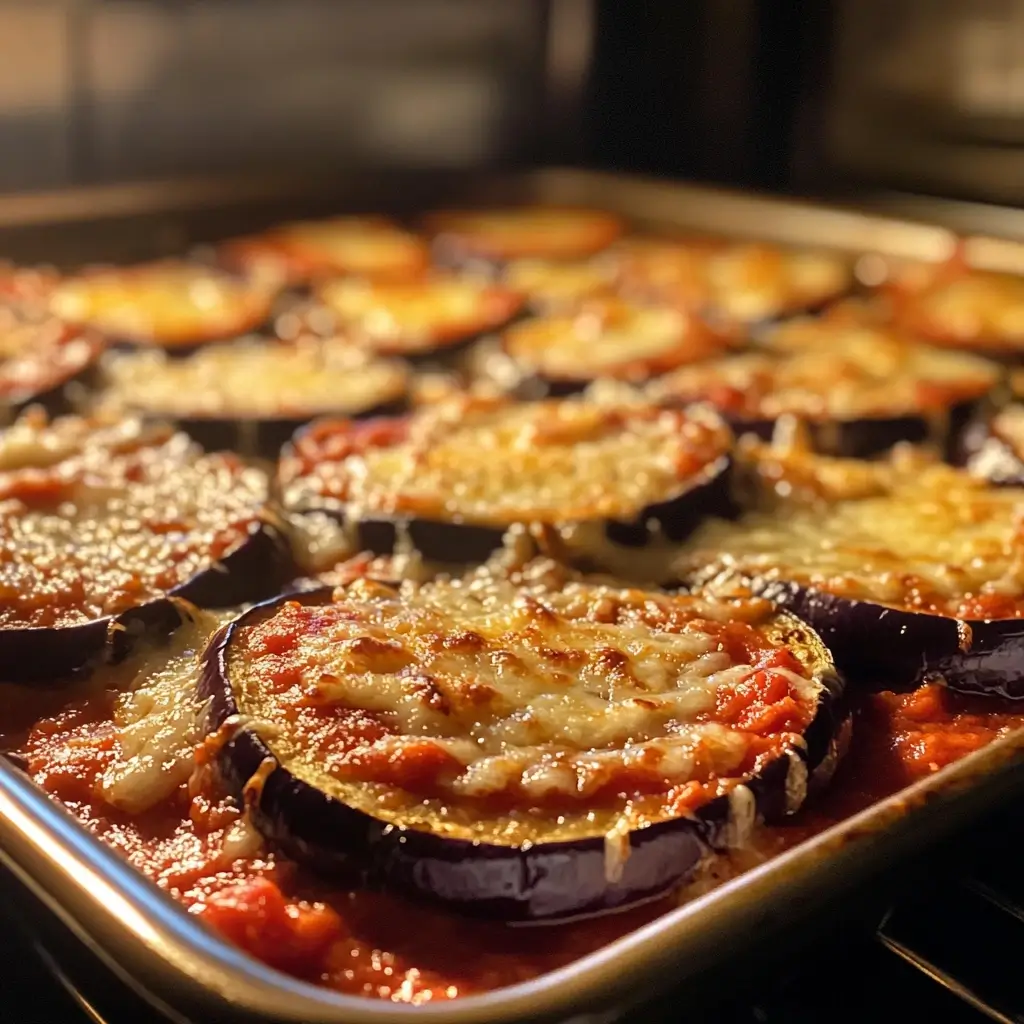 Köstliches Melanzani Rezepte – Überbackene Auberginen mit frischer Tomatensauce und Käse auf weißem Teller