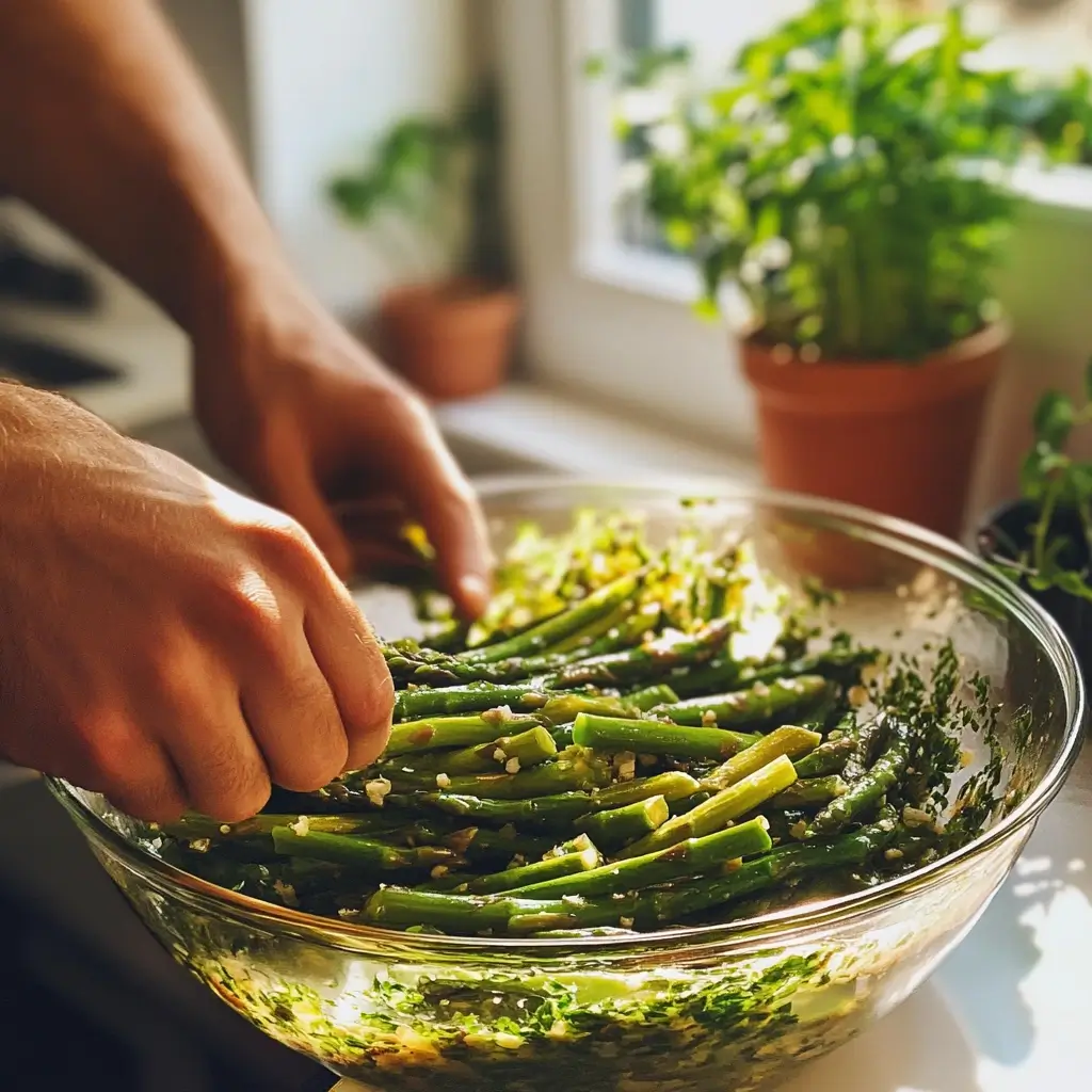 Grüner Spargel im heimischen Garten geerntet – frische Stangen auf Erde mit Hintergrund von Kräutern – Rezept Grüner Spargel