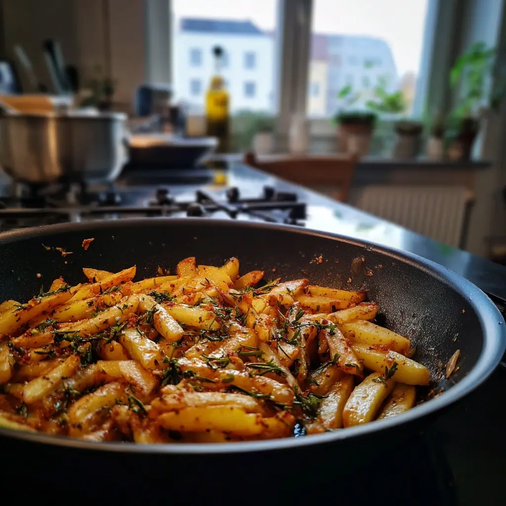 Gebratene Pastinaken in einer Pfanne als würzige Variation eines pastinaken Rezepts, verfeinert mit Kräutern in einer modernen Küche.