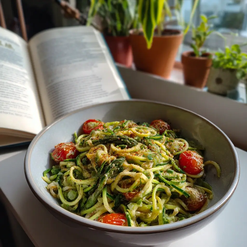 Rezepte mit grünem Spargel: elegante Frühlingspasta mit Spargelspitzen, Parmesan und Zitronenscheiben auf einem hellen Steinteller