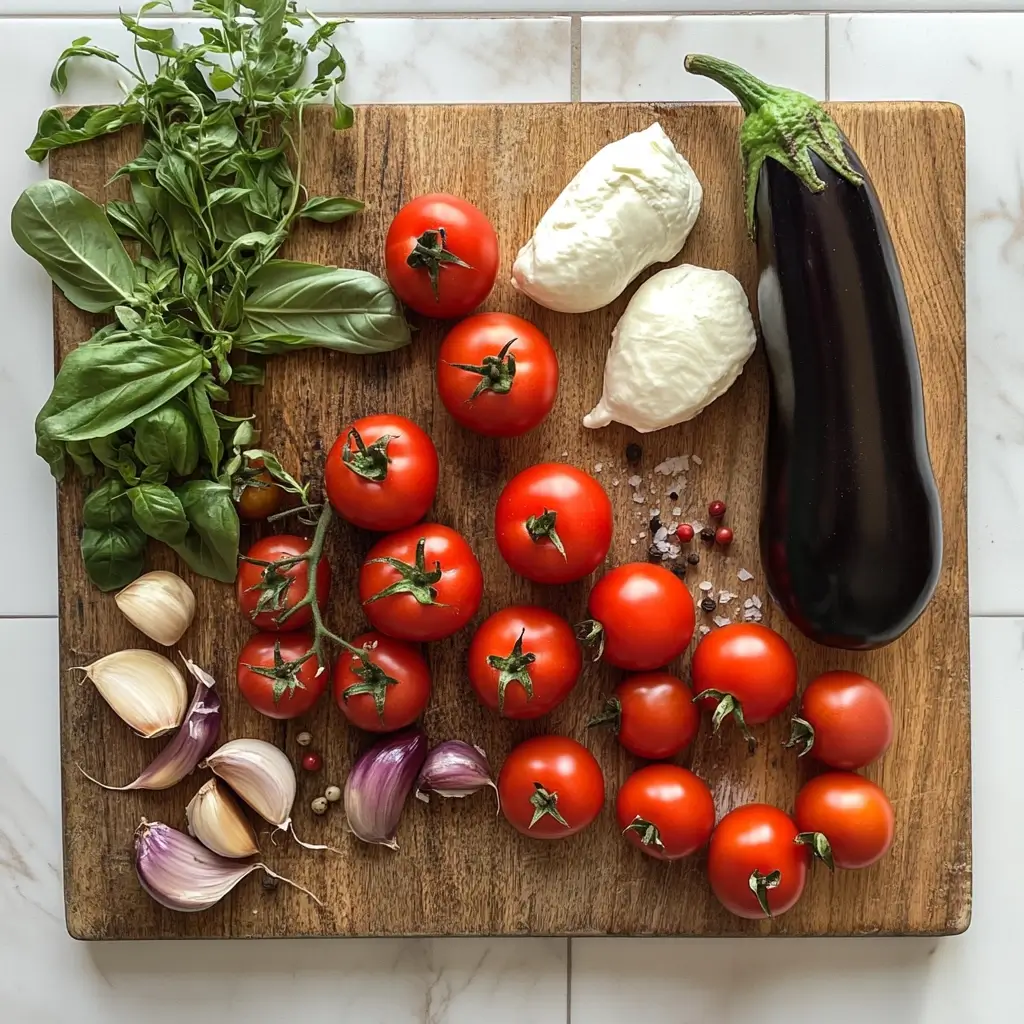 Frische Zutaten für Melanzani Rezepte – Auberginen, Kirschtomaten, Knoblauch und Basilikum auf Holzbrett